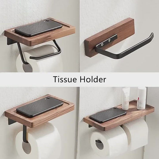 Portarrollos de papel higiénico de metal y madera | Soporte/estante para papel higiénico de pared