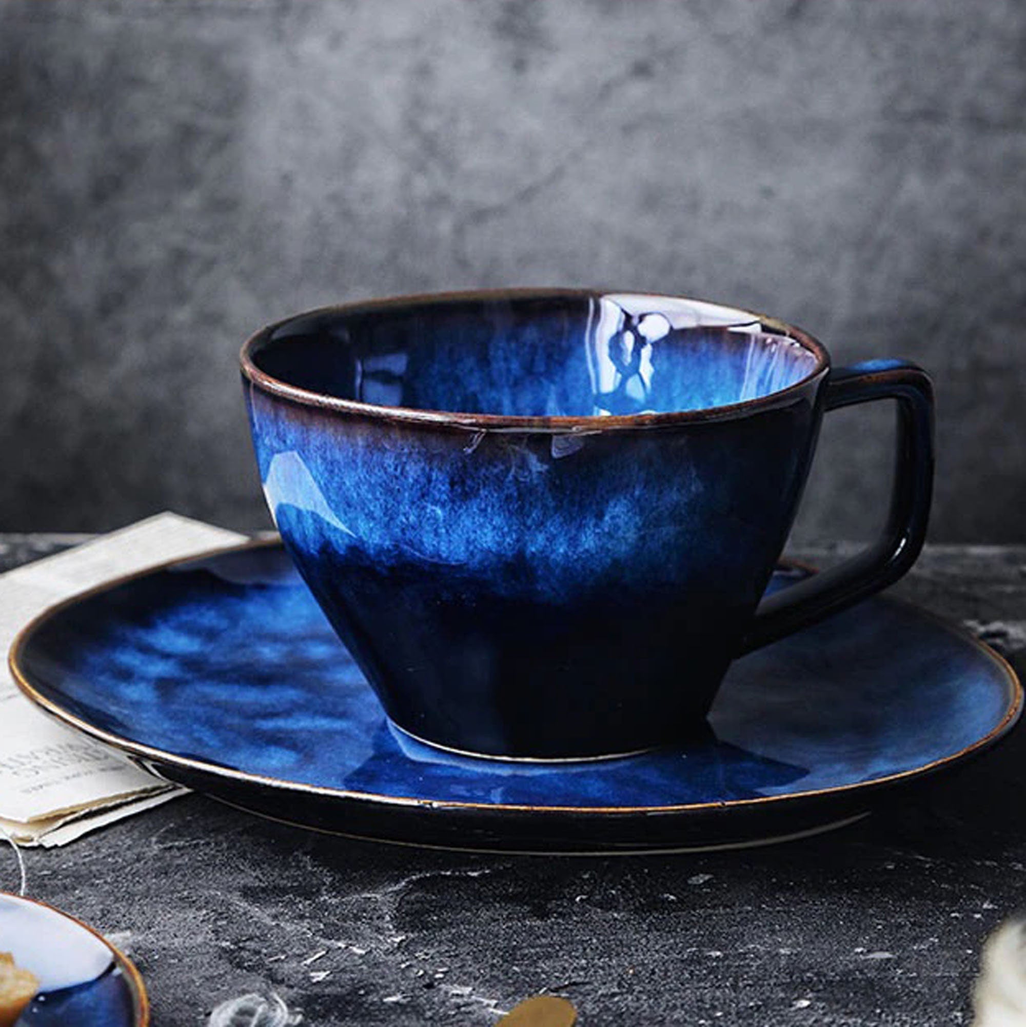 Artfully Shaped Breakfast Set | Blue Colored Ceramic Cup & Saucer Set - City2CityWorld