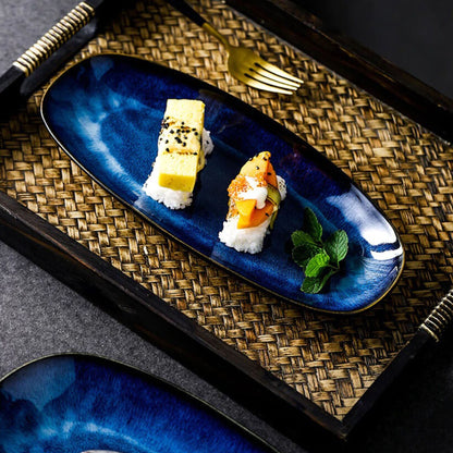 Artfully Shaped Serving Trays | Glazed Blue Long Serving Trays - City2CityWorld