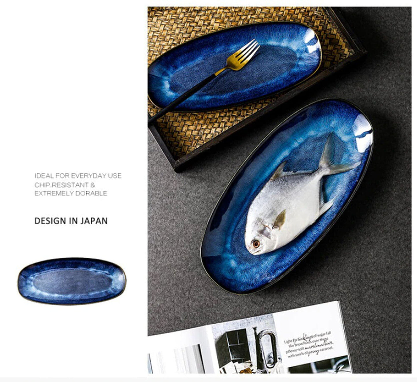 Artfully Shaped Serving Trays | Glazed Blue Long Serving Trays - City2CityWorld