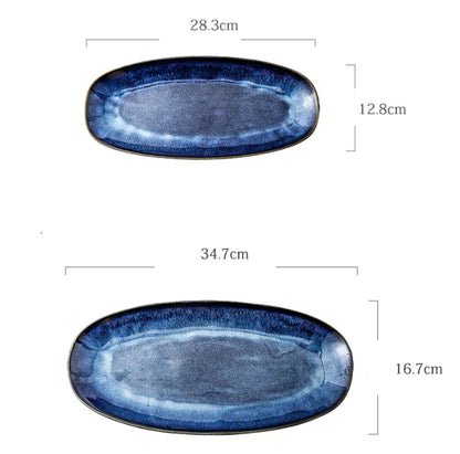 Artfully Shaped Serving Trays | Glazed Blue Long Serving Trays - City2CityWorld