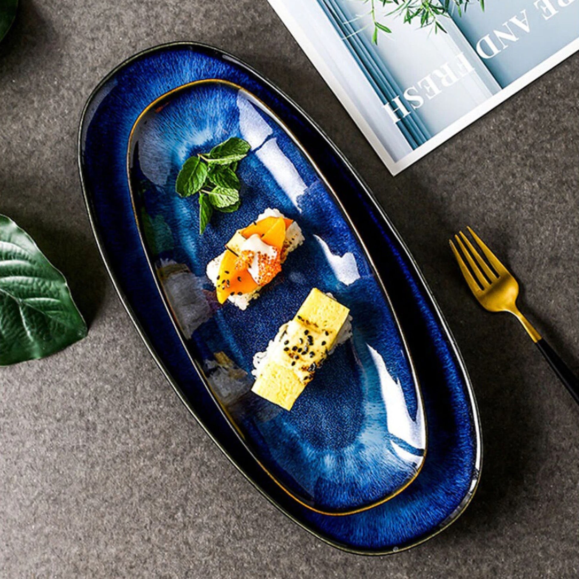 Artfully Shaped Serving Trays | Glazed Blue Long Serving Trays - City2CityWorld