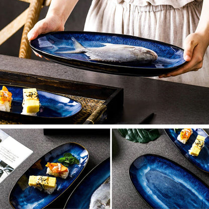 Artfully Shaped Serving Trays | Glazed Blue Long Serving Trays - City2CityWorld