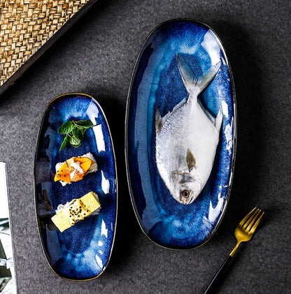 Artfully Shaped Serving Trays | Glazed Blue Long Serving Trays - City2CityWorld