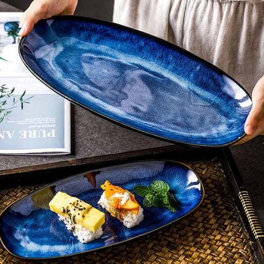 Artfully Shaped Serving Trays | Glazed Blue Long Serving Trays - City2CityWorld