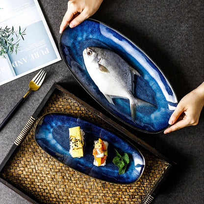 Artfully Shaped Serving Trays | Glazed Blue Long Serving Trays - City2CityWorld