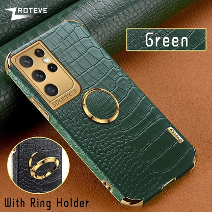 Gold Electroplated Crocodile Pattern Case With Ring Stand For Samsung | Galaxy S20 +++ - City2CityWorld