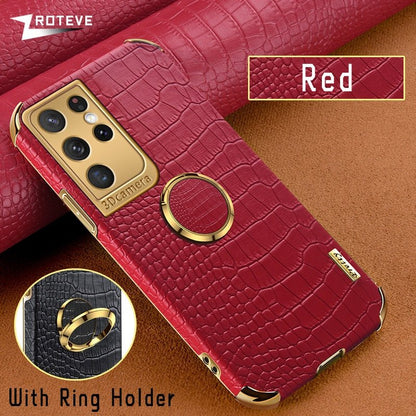 Gold Electroplated Crocodile Pattern Case With Ring Stand For Samsung | Galaxy S20 +++ - City2CityWorld