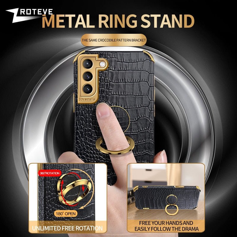 Gold Electroplated Crocodile Pattern Case With Ring Stand For Samsung Models| Galaxy S10 +++ - City2CityWorld