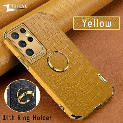 Gold Electroplated Crocodile Pattern Case With Ring Stand For Samsung Models| Galaxy S10 +++ - City2CityWorld