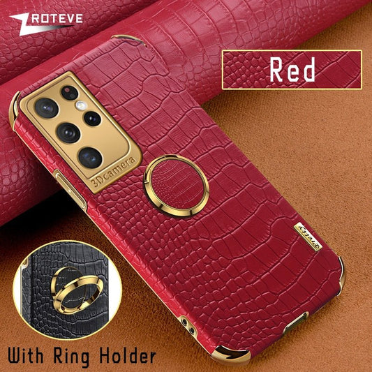 Gold Electroplated Crocodile Pattern Case With Ring Stand For Samsung Models| Galaxy S10 +++ - City2CityWorld