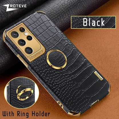 Gold Electroplated Crocodile Pattern Case With Ring Stand For Samsung Models| Galaxy S10 +++ - City2CityWorld