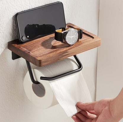 Metal & Wood Toilet Paper Holder | Wall-Mounted Toilet Paper Holder / Shelf - City2CityWorld