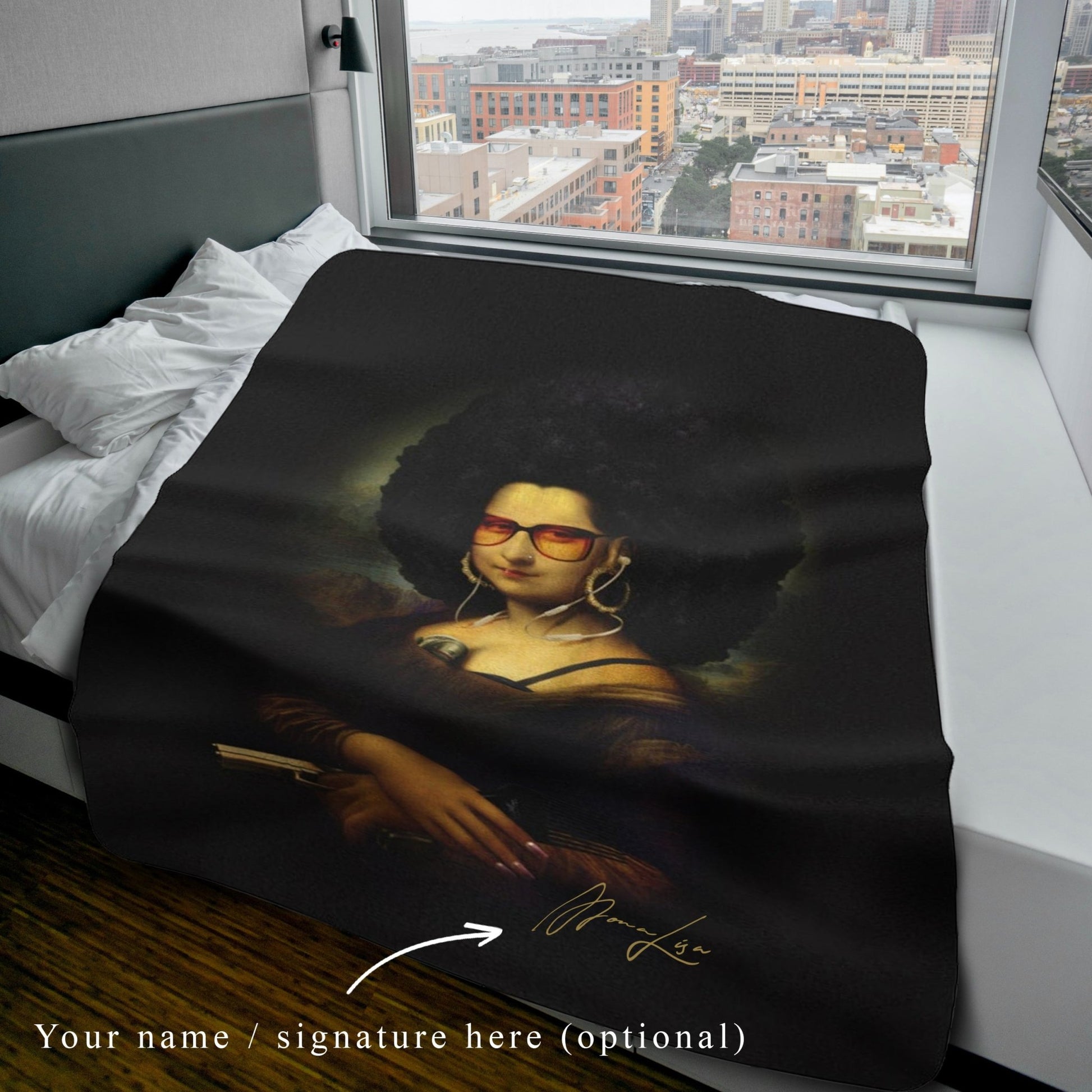 Mona From The Hood Blanket, Modern Lisa Blanket, Afro Mona Lisa, Mona Lisa Afro Blanket, Afro Lisa, Afroliscious, Sherpa Fleece Blanket - City2CityWorld