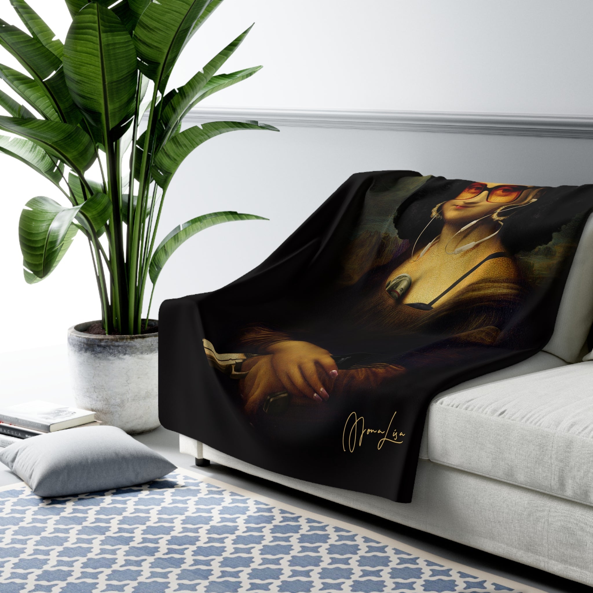 Mona From The Hood Blanket, Modern Lisa Blanket, Afro Mona Lisa, Mona Lisa Afro Blanket, Afro Lisa, Afroliscious, Sherpa Fleece Blanket - City2CityWorld