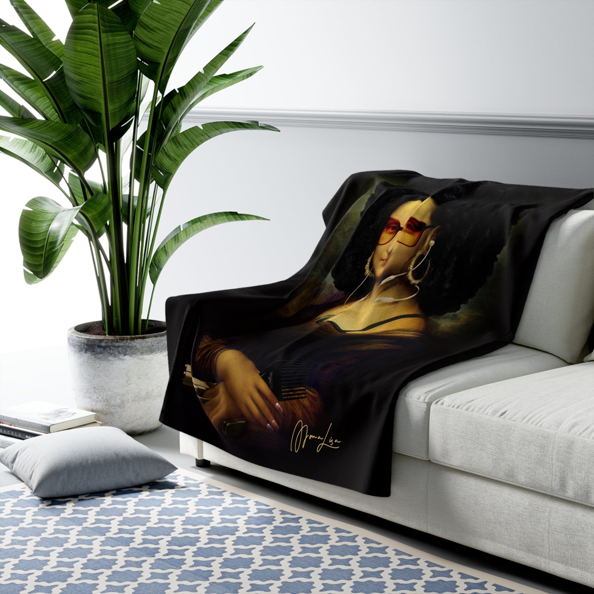 Mona From The Hood Blanket, Modern Lisa Blanket, Afro Mona Lisa, Mona Lisa Afro Blanket, Afro Lisa, Afroliscious, Sherpa Fleece Blanket - City2CityWorld