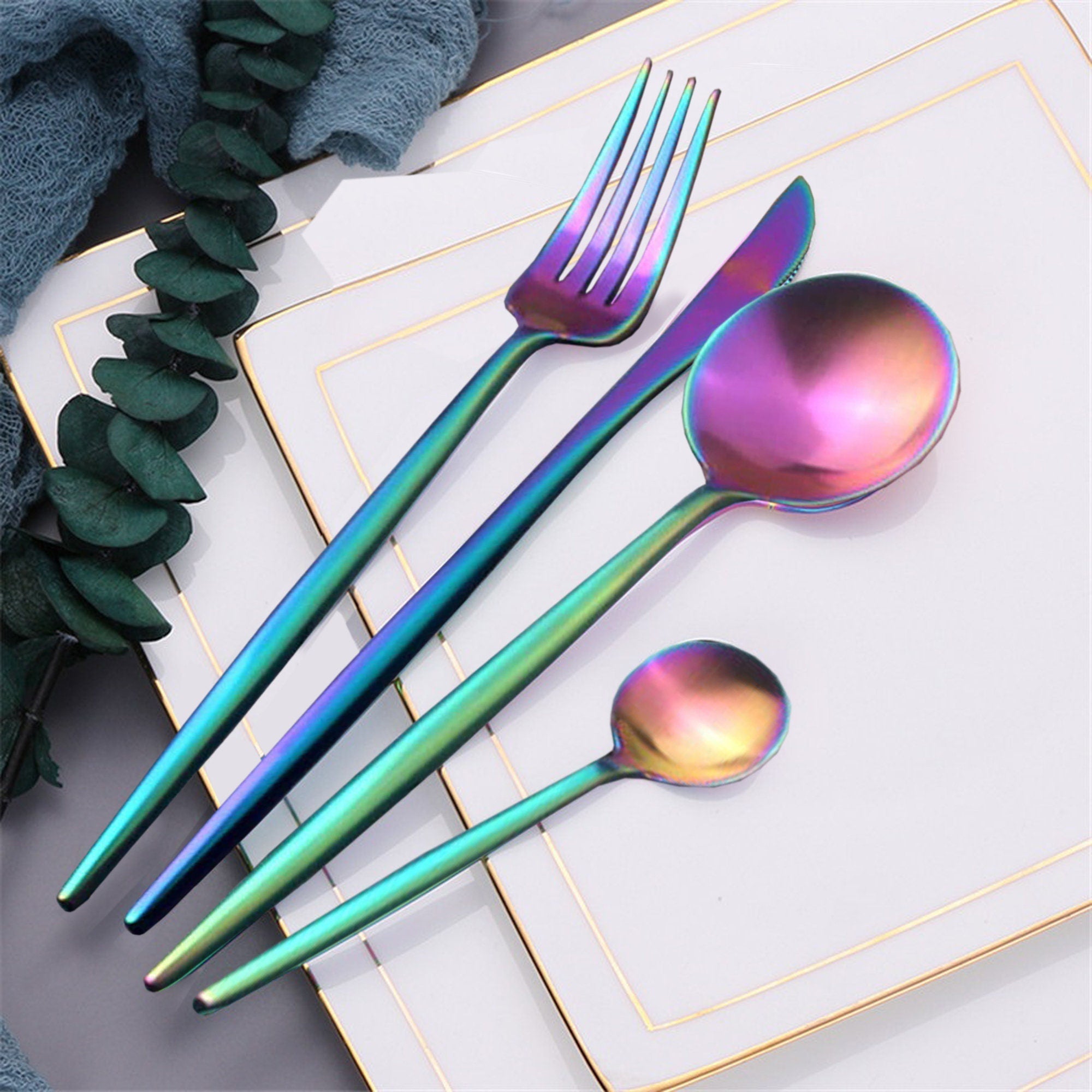 Rainbow Steel Dinnerware Set | Stainless Steel Cutlery Set With Gold Finish - City2CityWorld