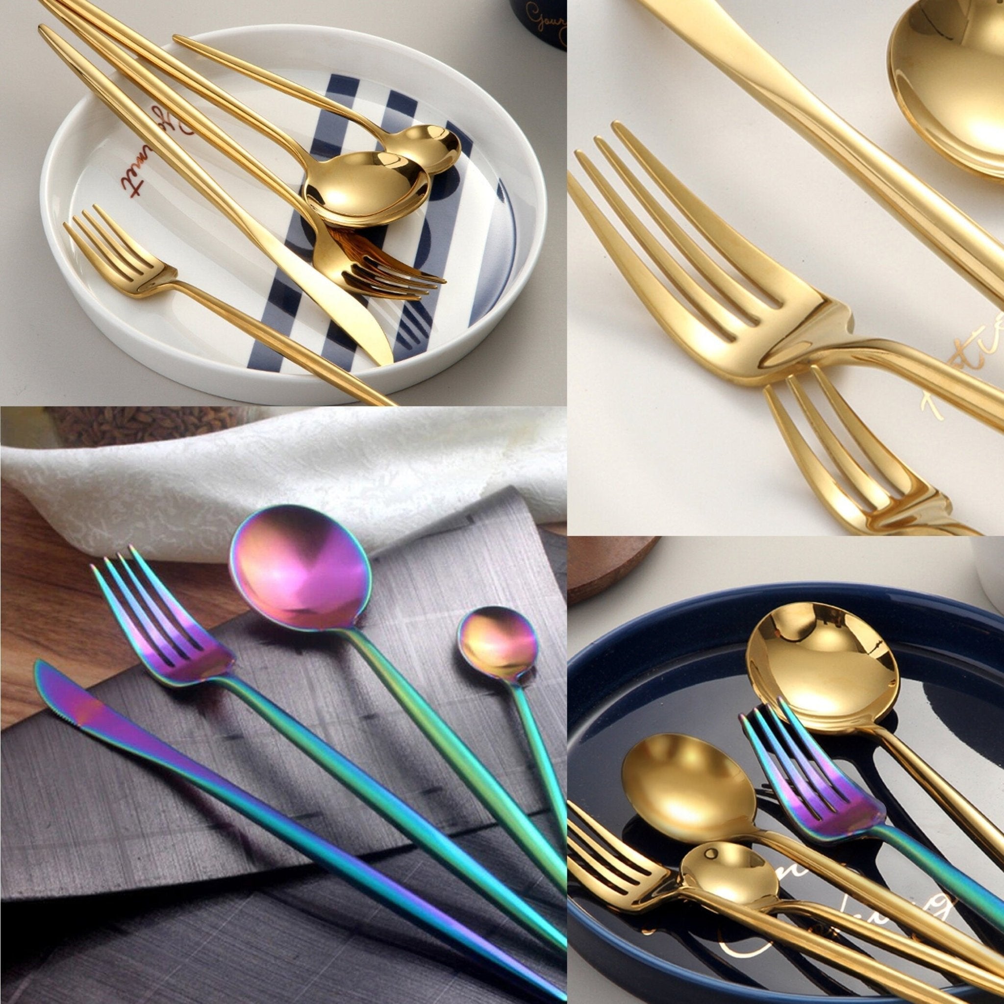 Rainbow Steel Dinnerware Set | Stainless Steel Cutlery Set With Gold Finish - City2CityWorld